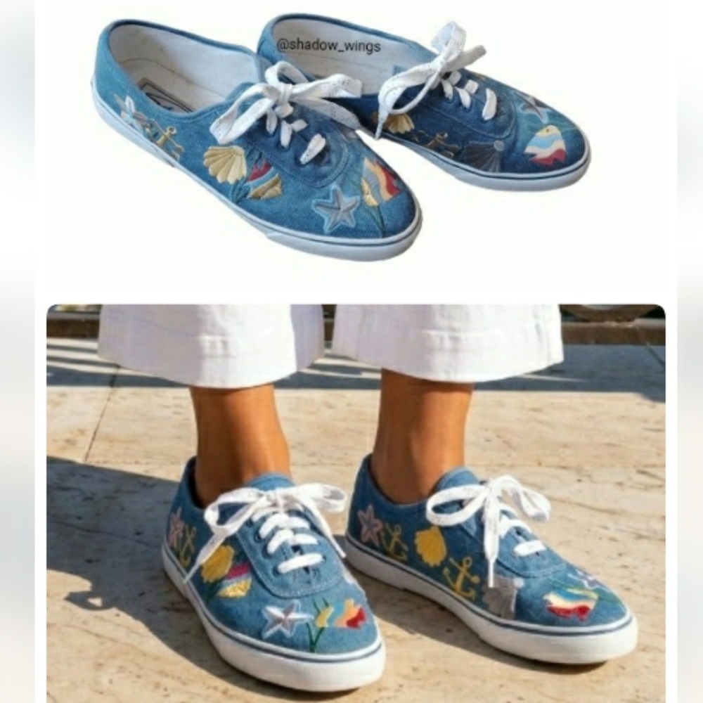 Vintage 1997 Sebastino Pisces Nautical Embroidered Denim Sneakers Size 9